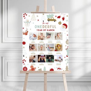 Placa de marco fotográfico de festa de aniversário ONEderful | Download digital | Cartaz de estatísticas de aniversário de 1 ano festivo de menino de Natal | Modelo editável do Canva