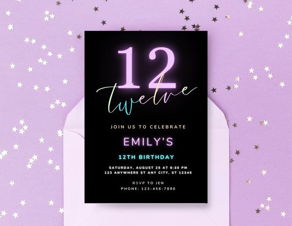 Neon Rainbow 12th Birthday Party Invitation | 12th Birthday Invite | Editable Canva Template | Teenager Birthday Party | Instant Download