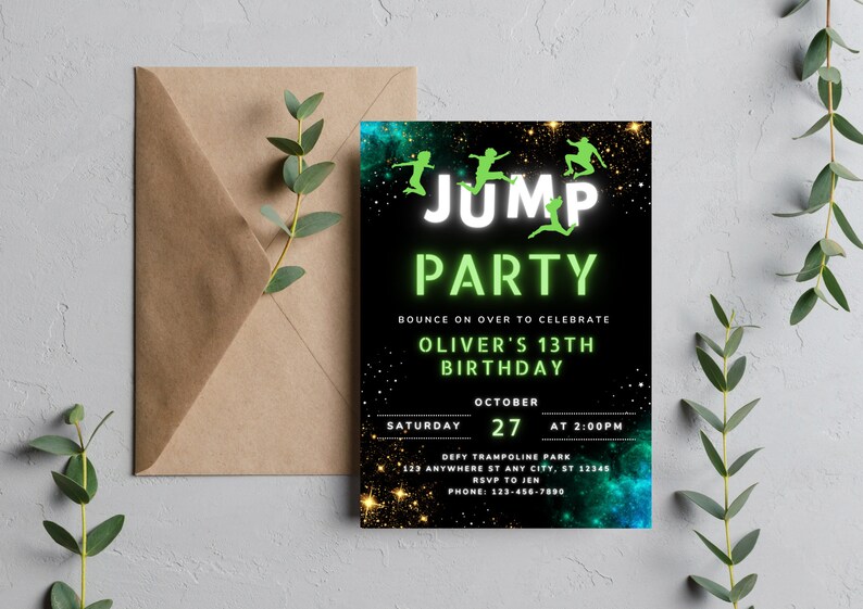 Green Trampoline Park Invitation Jump Party Invitation Editable ...