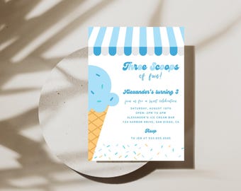 Invitación para fiesta de cumpleaños de helado / Descarga instantánea / Invitación para el tercer cumpleaños de niño de verano / Plantilla editable / Tres bolas de diversión azules