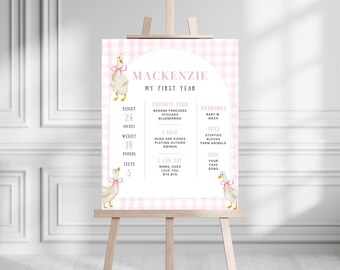 Puede incluir: Un póster de cuadros rosa y blanco con una ilustración de pato y el texto "Mackenzie Mi Primer Año". El póster enumera la altura, el peso, los dientes, la comida favorita del niño, las cosas que le gustan, sus apodos y su canción favorita.