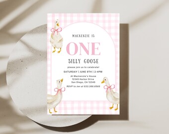 May include: Pink and white gingham patterned invitation with a pink and white number one and the text "Mackenzie is One Silly Goose". The invitation also includes the text "Please join us to celebrate! Saturday June 9th | 2-4PM At Mackenzie's House 12345 Harbor Drive San Diego, CA 12345 RSVP to Jen at 533.366.6565".
