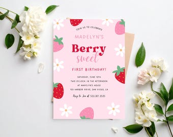 Berry Sweet Birthday Party Invitation | Girl 1st Birthday | Instant Download | Editable Canva Template | Strawberry and Daisies Party Invite