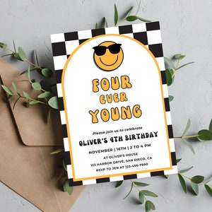 Four Ever Young Birthday Invitation | Digital Download | Boy 4th Birthday | Printable Retro Smiley Face Invitation | Editable Canva Template