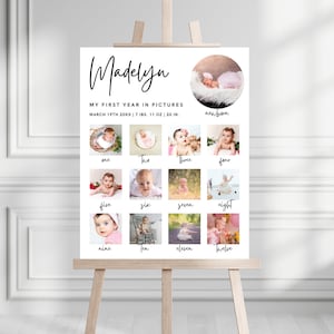 Tablero de hitos del primer año / Descarga instantánea / Plantilla imprimible para póster del primer año del bebé / Letrero de collage de fotos del primer cumpleaños del bebé / Canva
