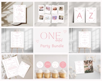 May include: A collection of party decorations with a pink and white color scheme. The decorations include invitations, photo cards, cupcake toppers, and signs. The text "ONE derful Party Bundle" is displayed. The theme is a first birthday celebration.
