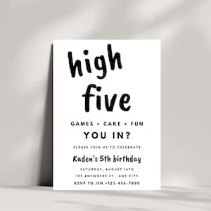 High Five Birthday Invitation | Digital Download | Boy 5th Birthday Invite | High Five Black and White Invite | Editable Canva Template