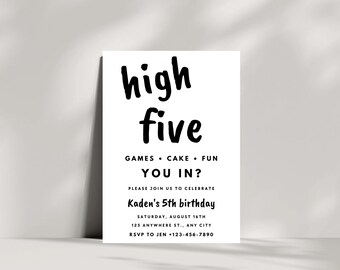 High Five Geburtstagseinladung | Digitaler Download | Junge 5. Geburtstag einladen | High Five Schwarz Weiß Einladen | Bearbeitbare Canva Vorlage