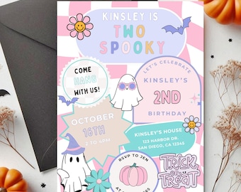 TWO Spooky Halloween Ghost Party Invitation | Digital Download | Retro Pink Ghost 2nd Birthday Invitation | Editable Canva Template | Fall