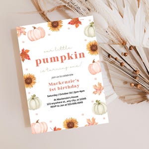 Pink Pumpkin First Birthday Invitation | Editable Canva Template | Digital Download | Our Little Pumpkin Turning One Girl Fall 1st Birthday