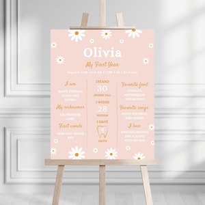 Daisy erste Geburtstagsfeier Meilensteintafel | Sofortdownload | Boho Gänseblümchen Mädchen Party Dekor | Bearbeitbare Canva Vorlage | Gänseblümchenparty Schild