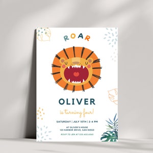 May include: A white invitation with a cartoon lion roaring. The text reads "ROAR" and "OLIVER is turning four!" with details about the birthday party.