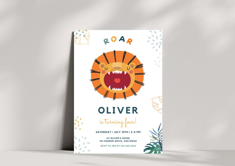 May include: A white invitation with a cartoon lion roaring. The text reads "ROAR" and "OLIVER is turning four!" with details about the birthday party.