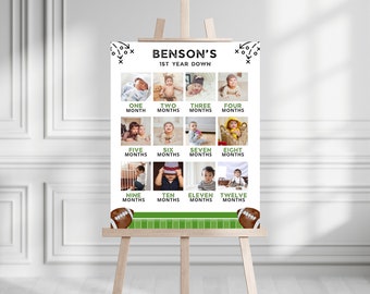 May include: A white poster with a green football field design. The poster has a grid of 12 photos of a baby boy at different ages, from one month to twelve months. The poster is titled "Benson's 1st Year Down".