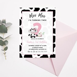 Moo Moo I&#39;m Two Birthday Party Invitation | Instant Download | Pink Cow Themed Party | Girl Barnyard 2nd Birthday | Editable Canva Template