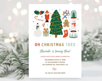 Invitación para fiesta de cumpleaños con tema de árbol de Navidad / Descarga digital / Invitación festiva para el tercer cumpleaños de un niño / Plantilla editable de Canva