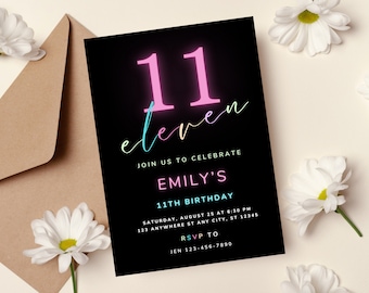Neon Rainbow 11th Birthday Party Invitation | 11th Birthday Invite | Editable Canva Template | Tween Neon Birthday Party | Instant Download