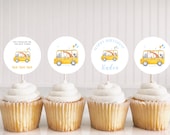 Yellow School Bus Birthday Party Cupcake Toppers | Instant Download | Wheels on the Bus | Editable Canva Template | Boy Birthday Party Decor
