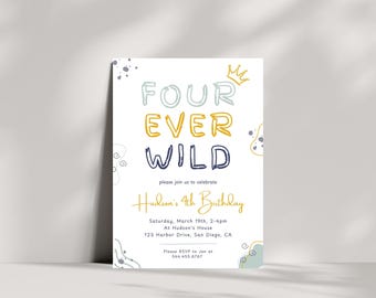 VIER Ever Wilde verjaardagsuitnodiging | Digitale download | 4e verjaardag jongen | Modern Four Ever Young nodigt uit | Bewerkbare canvassjabloon