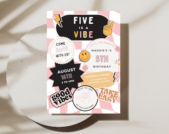 Five is a Vibe Birthday Invitation | Digital Download | Girl 5th Birthday | Retro Checkered Smiley Face Invitation | Editable Canva Template