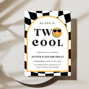 Invitation d'anniversaire cool DEUX | Téléchargement numérique | 2e anniversaire de garçon | Rétro DEUX émoticônes fraîches de Zazzle.be Liste d'envies Vous avez des idées ? Modèle de toile modifiable