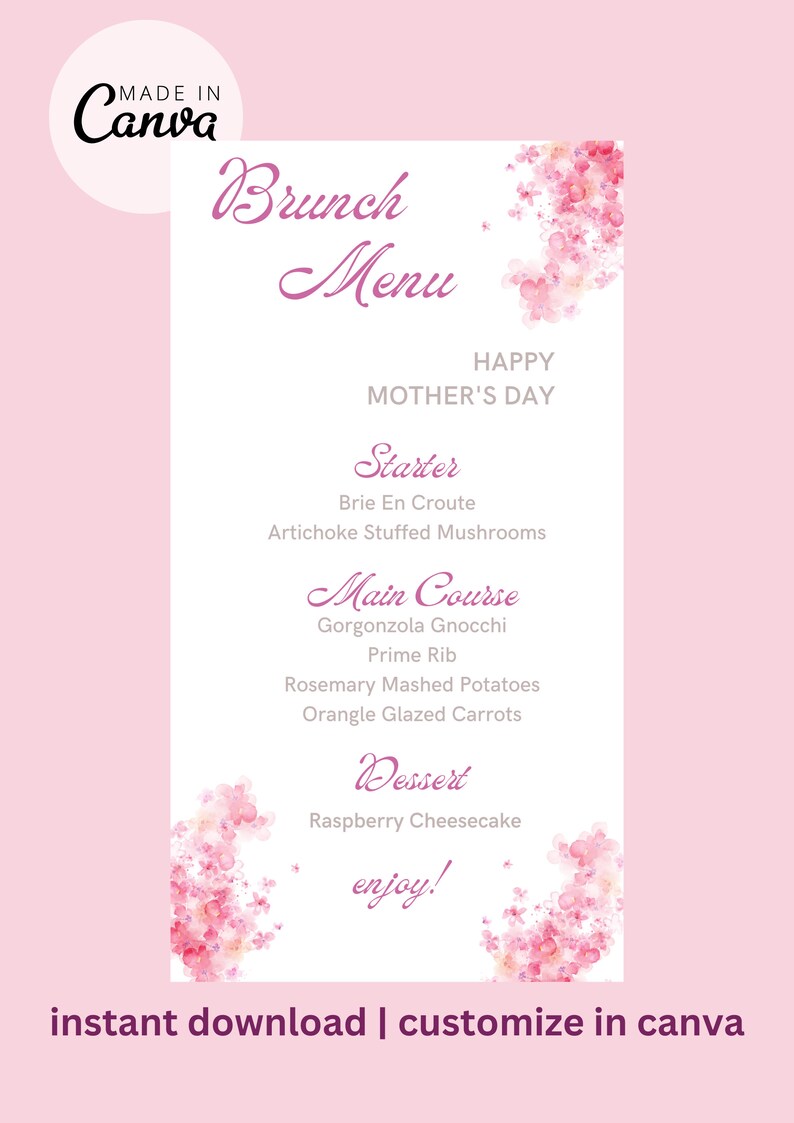Pink Floral Brunch Menu Printable Brunch Menu Instant Etsy
