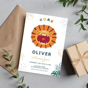 May include: A white invitation card with a roaring lion illustration. The text reads "ROAR Oliver is turning four! Saturday July 10th 2-4 PM at Oliver's House 123 Harbor Drive, San Diego RSVP to Jen at 133 435-4545".