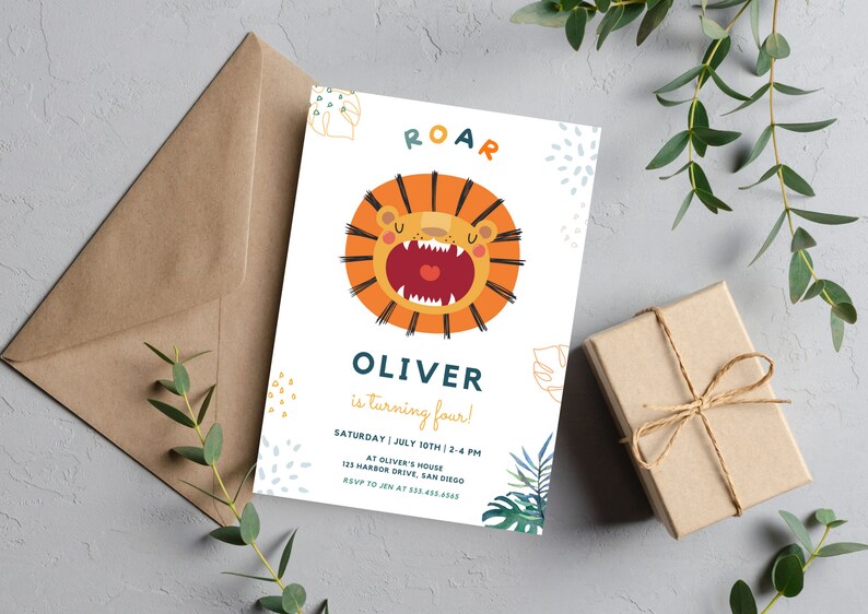 May include: A white invitation card with a roaring lion illustration. The text reads "ROAR Oliver is turning four! Saturday July 10th 2-4 PM at Oliver's House 123 Harbor Drive, San Diego RSVP to Jen at 133 435-4545".