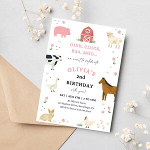 May include: A pink and white farm-themed birthday invitation with a red barn, a pig, a cow, a sheep, a goose, a horse, a rabbit, and a chicken. The text on the invitation reads "Oink, Cluck, BAA, MOO... we want to celebrate Olivia's 2nd Birthday with you!" and includes the date, time, and location of the party.