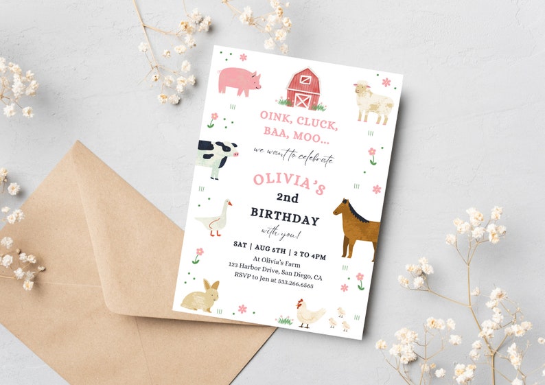 May include: A pink and white farm-themed birthday invitation with a red barn, a pig, a cow, a sheep, a goose, a horse, a rabbit, and a chicken. The text on the invitation reads "Oink, Cluck, BAA, MOO... we want to celebrate Olivia's 2nd Birthday with you!" and includes the date, time, and location of the party.