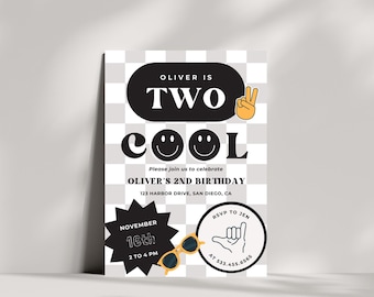 May include: A birthday invitation card with a white and gray checkerboard background. The text reads OLIVER IS TWO COOL, Please join us to celebrate OLIVER'S 2ND BIRTHDAY, 123 HARBOR DRIVE, SAN DIEGO, CA, NOVEMBER 16th, 2 TO 4 PM, RSVP TO JEN AT 533.455.6565. Features include a peace sign, smiley faces, and yellow sunglasses.