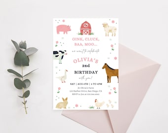 Invitación a fiesta de cumpleaños de granja / Descarga digital / Fiesta de animales de granja / Plantilla editable de Canva / Primer cumpleaños de niña / Fiesta de granja rosa