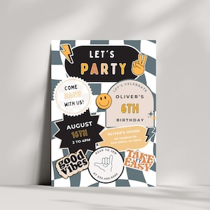 Retro Let's Party Birthday Invitation | Digital Download | Boy Any Age Birthday | Checkered Smiley Face Invitation | Editable Canva Template