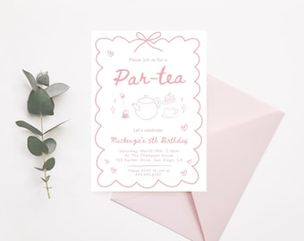 Lassen Sie uns Par-Tea Geburtstagsparty Einladung | Digitaler Download | Niedliche rosa Schleife Mädchen Tee Party Geburtstag einladen | Bearbeitbare Canva Vorlage