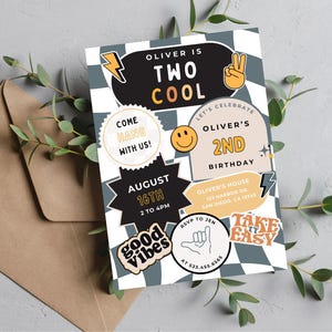 TWO Cool Birthday Invitation | Digital Download | Boy 2nd Birthday | Retro TWO Cool Smiley Face Checkered Invite | Editable Canva Template
