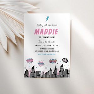 Girl Superhero Birthday Party Invitation | Instant Download | Girl Power Superhero Party | Modern Birthday Invitation | Editable Template