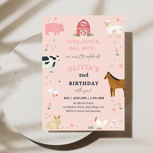 Pink Farm Birthday Party Invitation | Digital Download | Farm Animal Theme | Editable Template | Girl 2nd Birthday | Pink Barnyard Party