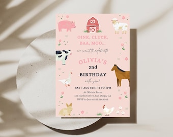 Pink Farm Birthday Party Invitation | Digital Download | Farm Animal Theme | Editable Template | Girl 2nd Birthday | Pink Barnyard Party