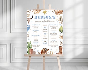 Cartello per traguardo di compleanno "Young Wild & Three" / Cartello per festa di compleanno "Wild West Rodeo" / Modello Canva modificabile / Festa a tema Cowboy Western