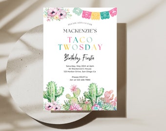 May include: A colorful invitation for a birthday party with the text "Mackenzie's Taco Twosday Birthday Fiesta". The invitation features a cactus and flower design with a string of colorful paper flags.