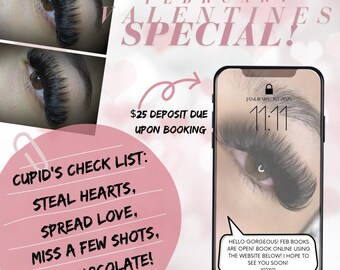Folleto de reservas para San Valentín de febrero, pestañas, cejas y uñas, plantilla de Canva (descarga digital)