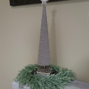 Yarn Tree, Christmas Tree, Cone Tree, Tabletop Decor, Mantel Decor, Unique Handcrafted, Christmas Decor, Shelf Accent, Gifts, Gray, Gold,