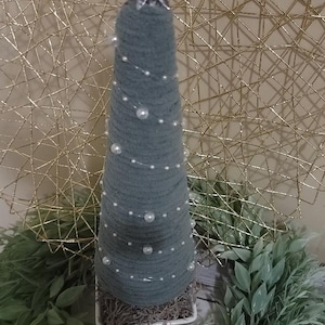 Christmas Decor, Cone Tree, Yarn Tree, Shelf Decor, Mantel Decor, Handmade Decor, Tabletop Decor, Seasonal Decor, Green, White Beads