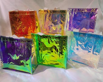 Tote Bag, Gift bag. PVC, Transparent, Iridescent, Holographic, great quality Stadium Approved, Lightweight & Waterproof, small, in 6 colors.