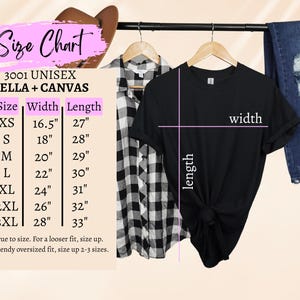 May include: A size chart for unisex Bella + Canvas t-shirts, with measurements in inches. The chart includes sizes XS to 3XL, with width and length dimensions. A black t-shirt, a plaid shirt, and jeans are also displayed.