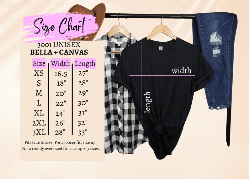 May include: A size chart for unisex Bella + Canvas t-shirts, with measurements in inches. The chart includes sizes XS to 3XL, with width and length dimensions. A black t-shirt, a plaid shirt, and jeans are also displayed.