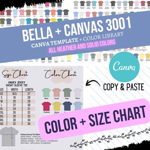 Tabla de tallas y colores de Bella Canvas 3001, plantilla de Canva EDITABLE, camiseta de jersey unisex, tabla de tallas 3001, tabla de tallas y colores editable de CANVA
