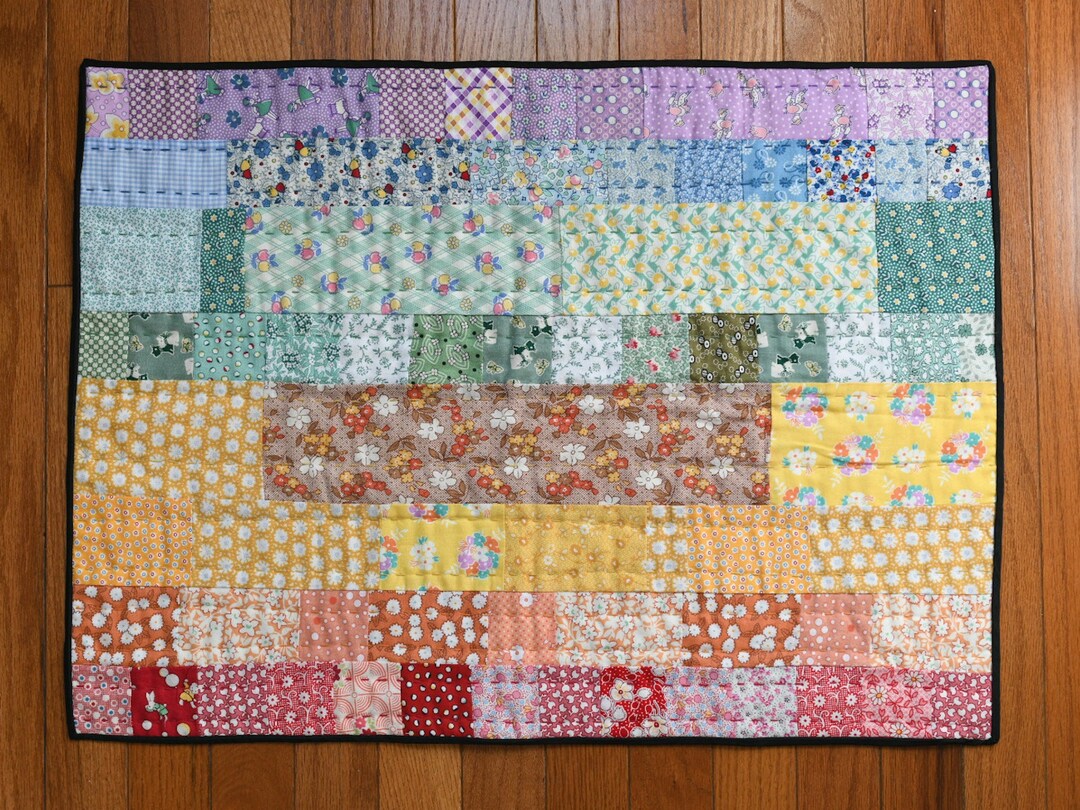 Rainbow Mini Quilt Hand Stitched Baby Blanket Vintage Fabric Sashiko