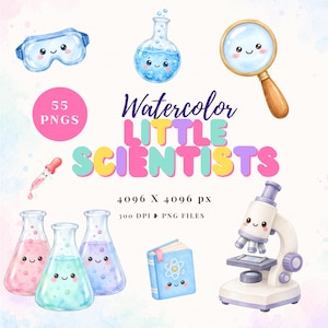 May include: A collection of watercolour science-themed illustrations including safety goggles, a magnifying glass, a microscope, a book, and various flasks filled with coloured liquids, all featuring smiling faces, with text reading Watercolour LITTLE SCIENTISTS.