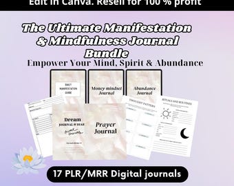 Op de afbeelding: Een digitale productbundel met 17 printbare dagboeken voor manifestatie, mindfulness en overvloed. De dagboeken hebben een roze marmerachtergrond met tekstoverlays. De tekst omvat "Dagelijkse manifestatiegids", "Geld-mindset-dagboek", "Droomdagboek & dagboek", "Gebedsdagboek", "Overvloed-dagboek", "Gedachtenpatroon" en "Ritualen en routines".